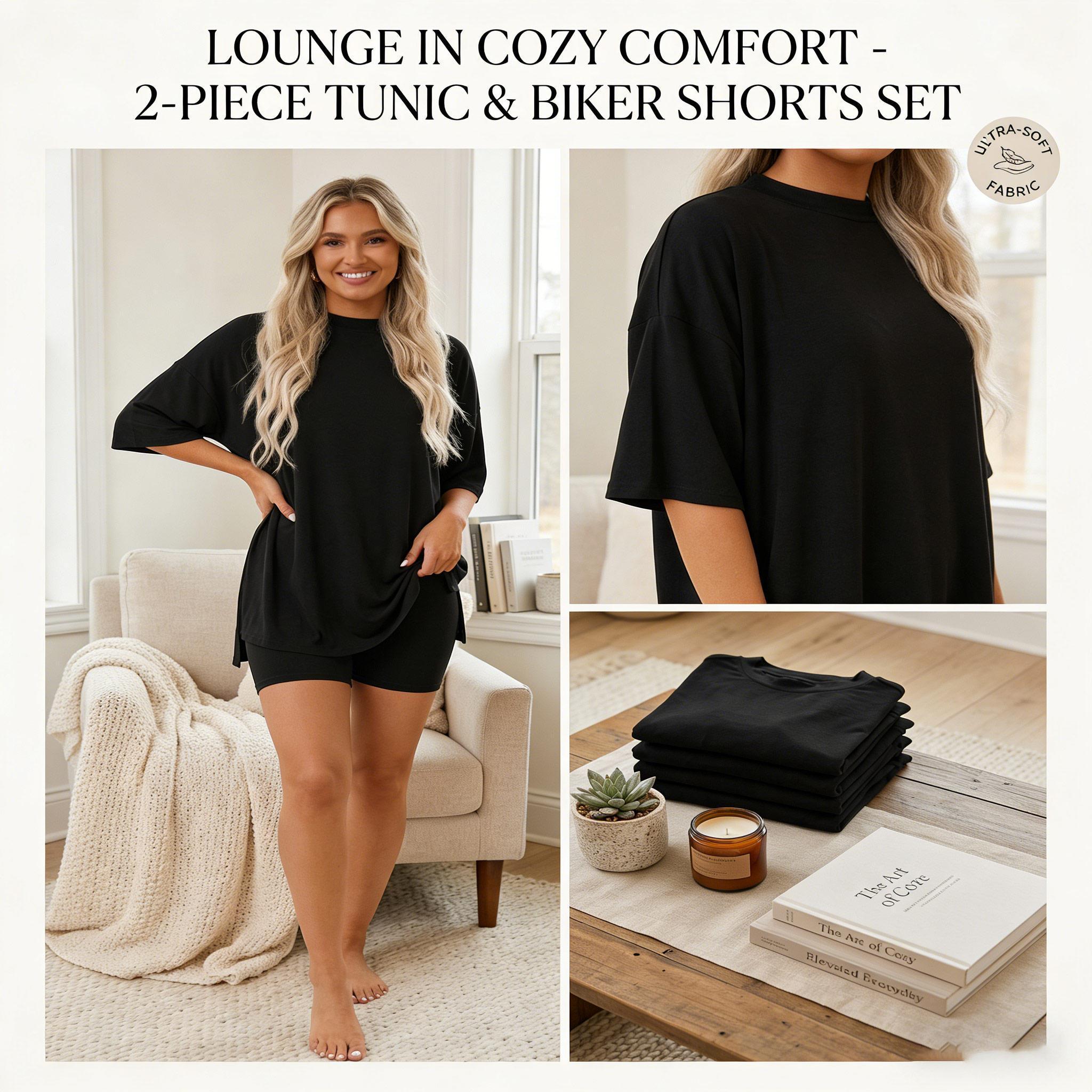 Women’s summer crewneck two-piece loungewear set, ideal for home relaxing. Features an oversized split-hem top and biker shorts with side pockets. Made of soft viscose, it’s lightweight and easy to care for.