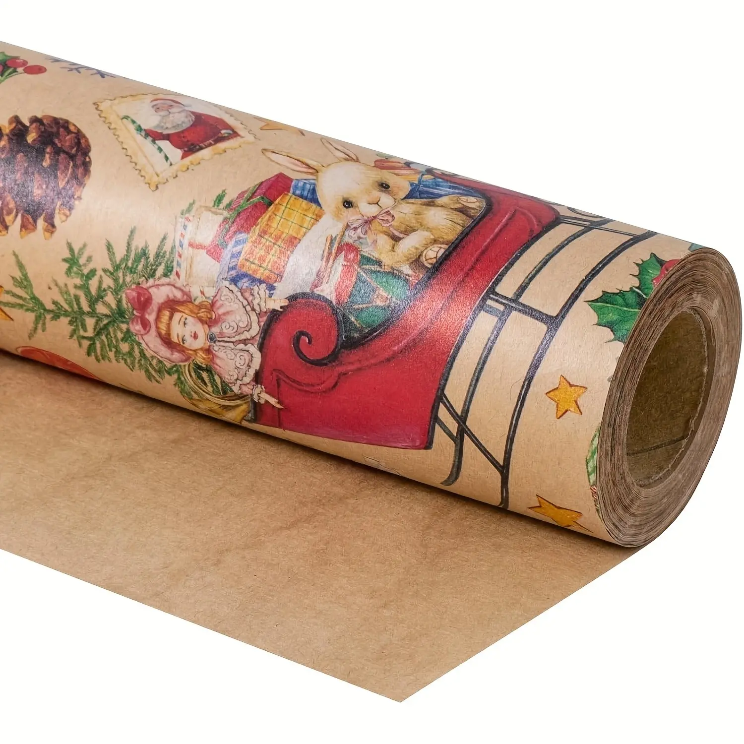 1 Roll Kraft Vintage Sleigh Gift Wrapping Paper, Retro Sleigh, Rabbit & Santa Stamp Print Gift Wrap Roll for Christmas Holiday, Party, DIY Craft Decor, 43.2cm x 500cm
