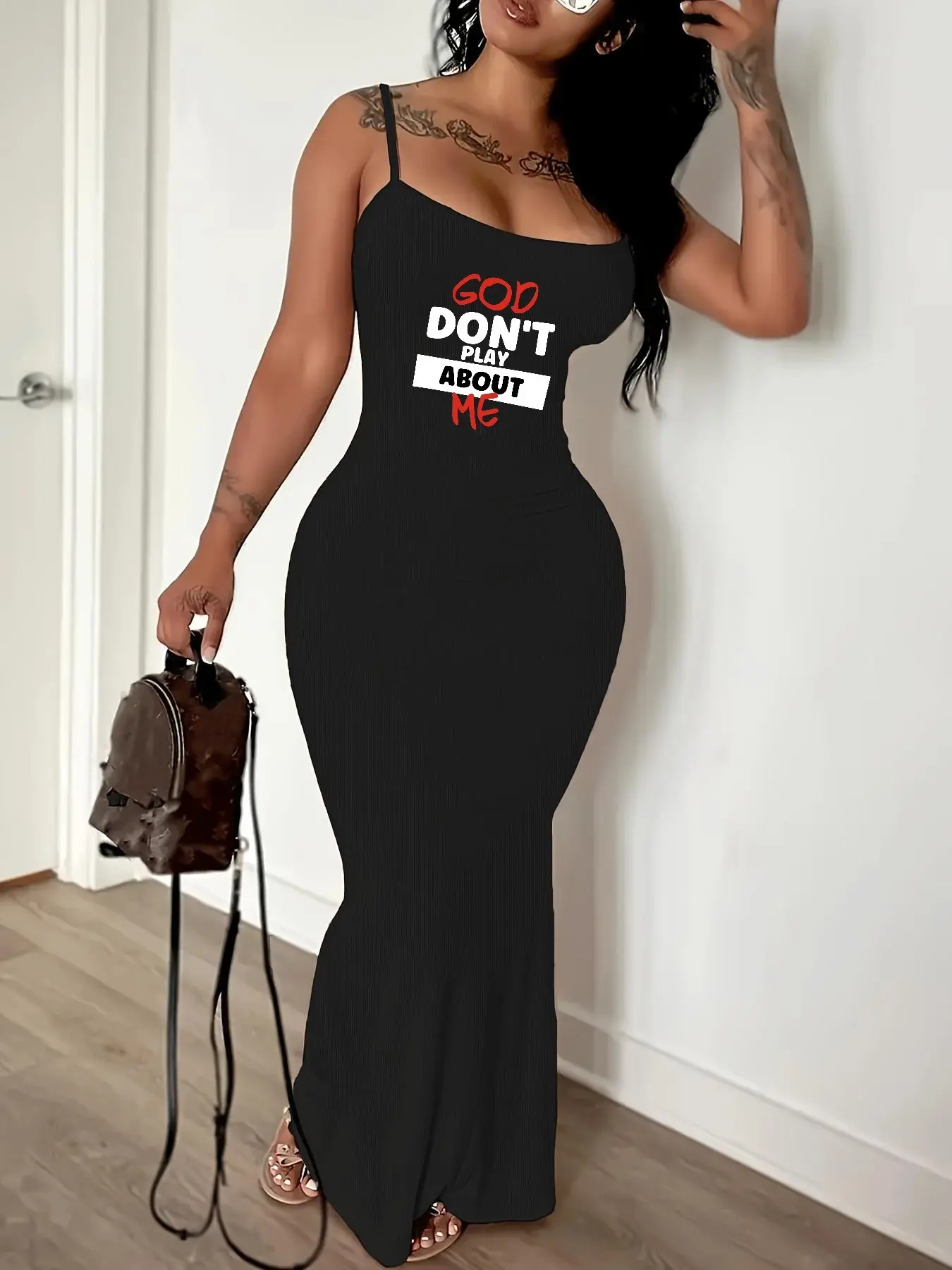 New Women's Sleeveless Long Dress with Thin Straps, Elastic Waist, Chic Casual Style, Slim-Fitting, All Seasons, Letter Pattern