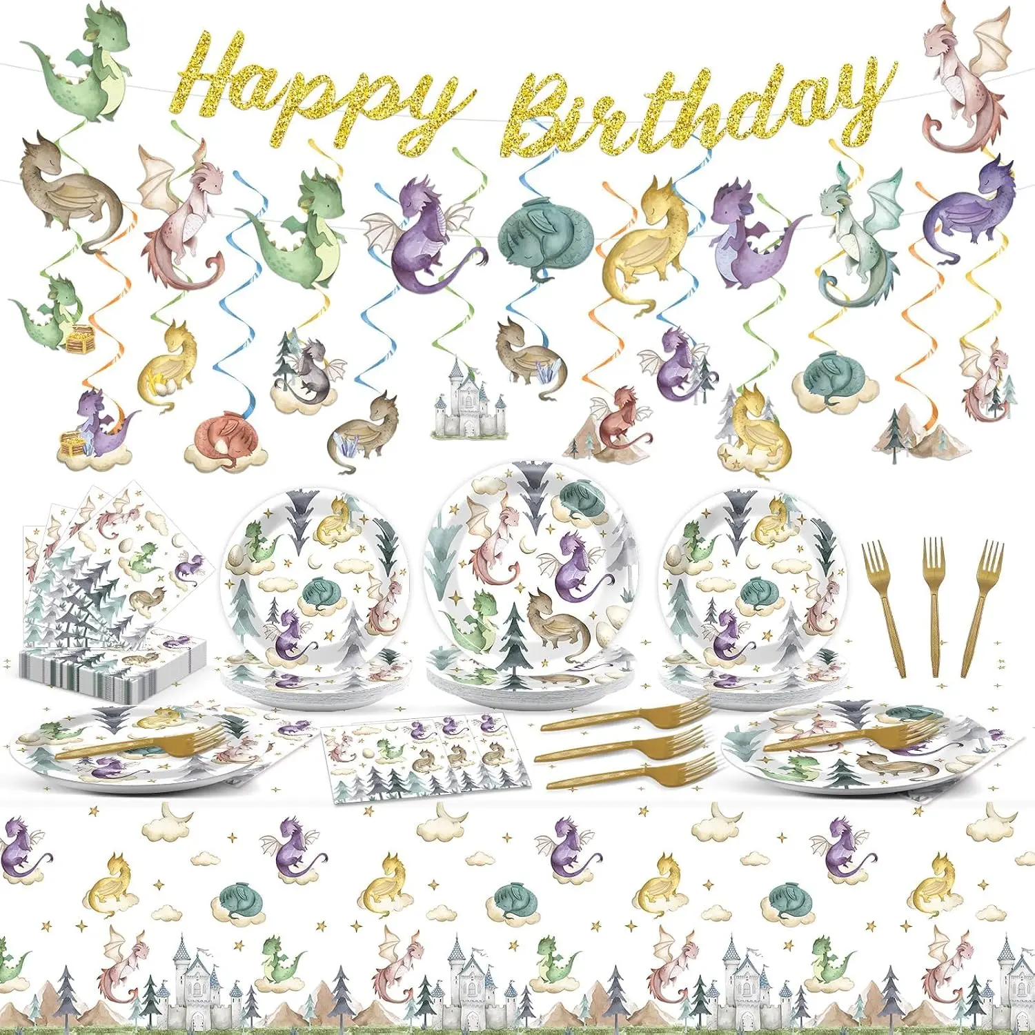 133 count Watercolor Dragon Birthday Party Decoration Magic Dragon Tableware  Swirls Banner Set Fantasy Dragon Plates Napkins Tablecloth Birthday Party Favor for  Girl Boy  Shower 24 Guest