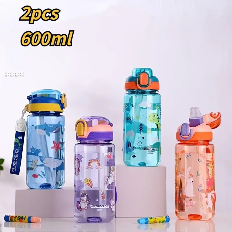 2pcs Cartoon Animal 20oz BPA-Free Plastic Straw Cups, Leak-Proof Reusable Water Bottles, Ideal for School, Travel, Outdoor Activities, Lightweight Water Bottle