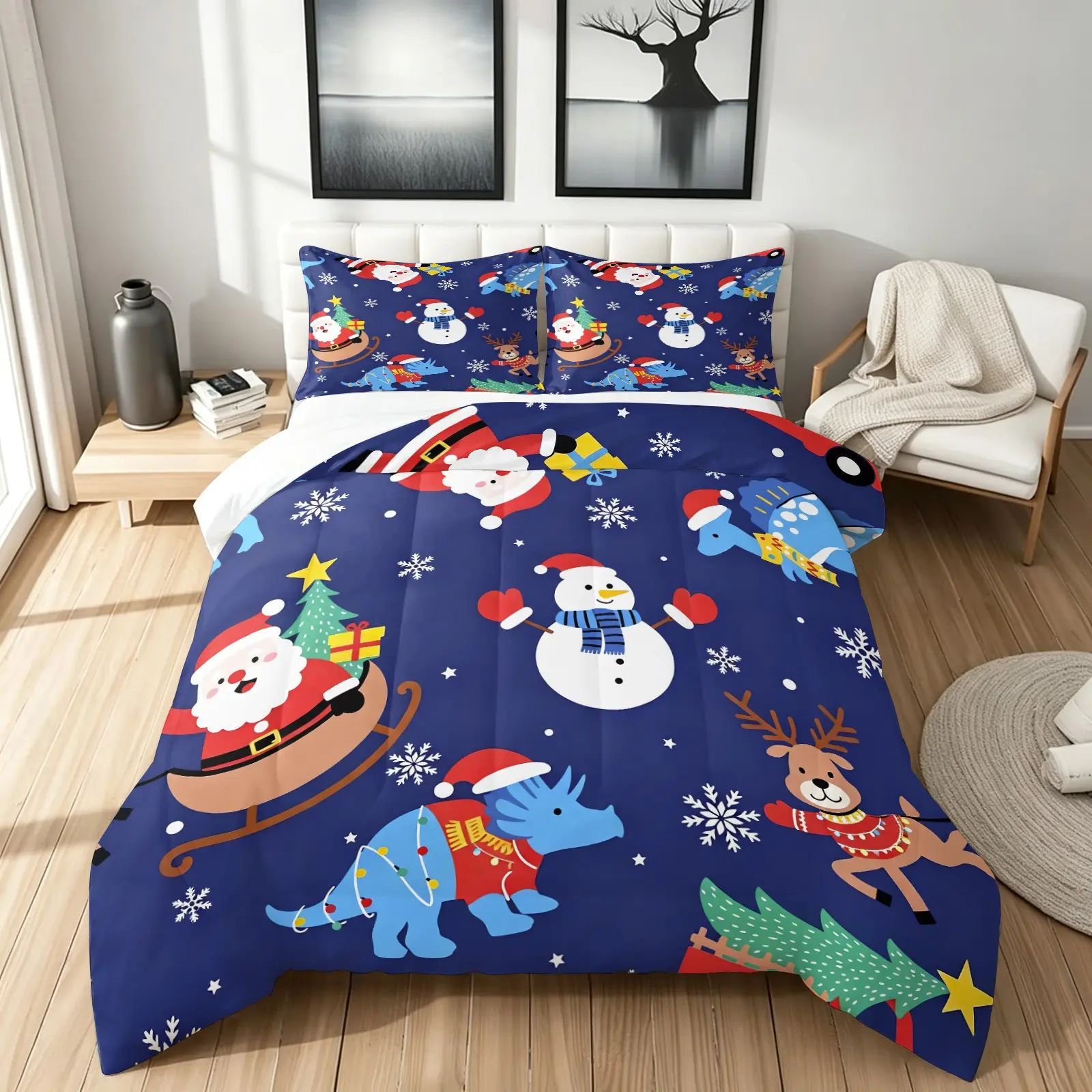 3pcs Christmas Dinosaur Quilt Set, 1 Quilt + 2 Pillowcases, 200g Fill, Soft Breathable, Digital Print, Ideal for Bedroom Dorm Home Use