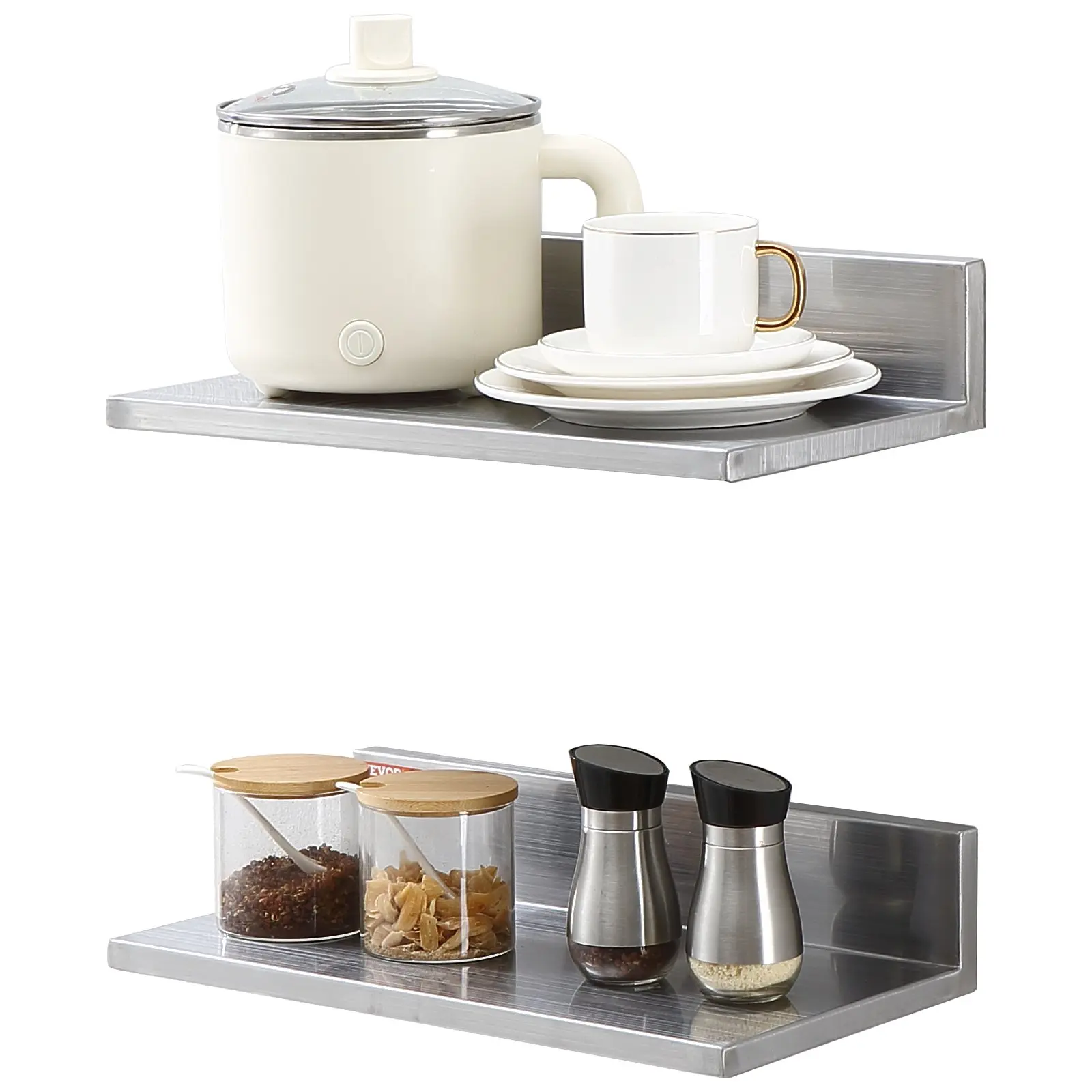 VEVOR 2-Pack 8.6" x 16" Stainless Steel Wall-Mounted Floating Shelves with Backsplash, 44 lbs Load Capacity Heavy Duty Rack, Commercial Storage for Restaurant/Bar, Kitchen, Home