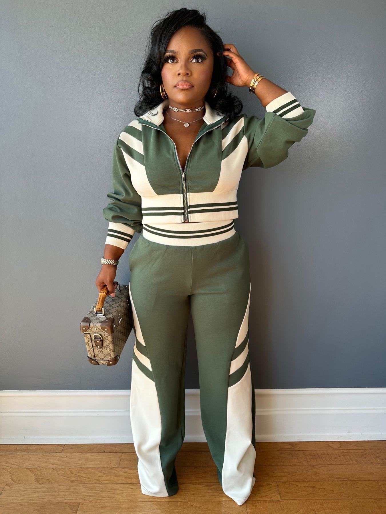 Women's Colorblock Print Zip Up Crop Jacket & Pants Two-piece Set, Casual Matching Set, Casual Fashion Cozy Breathable Two Piece Outfits for Daily Outdoor Wear, Women Clothes for Fall & Winter