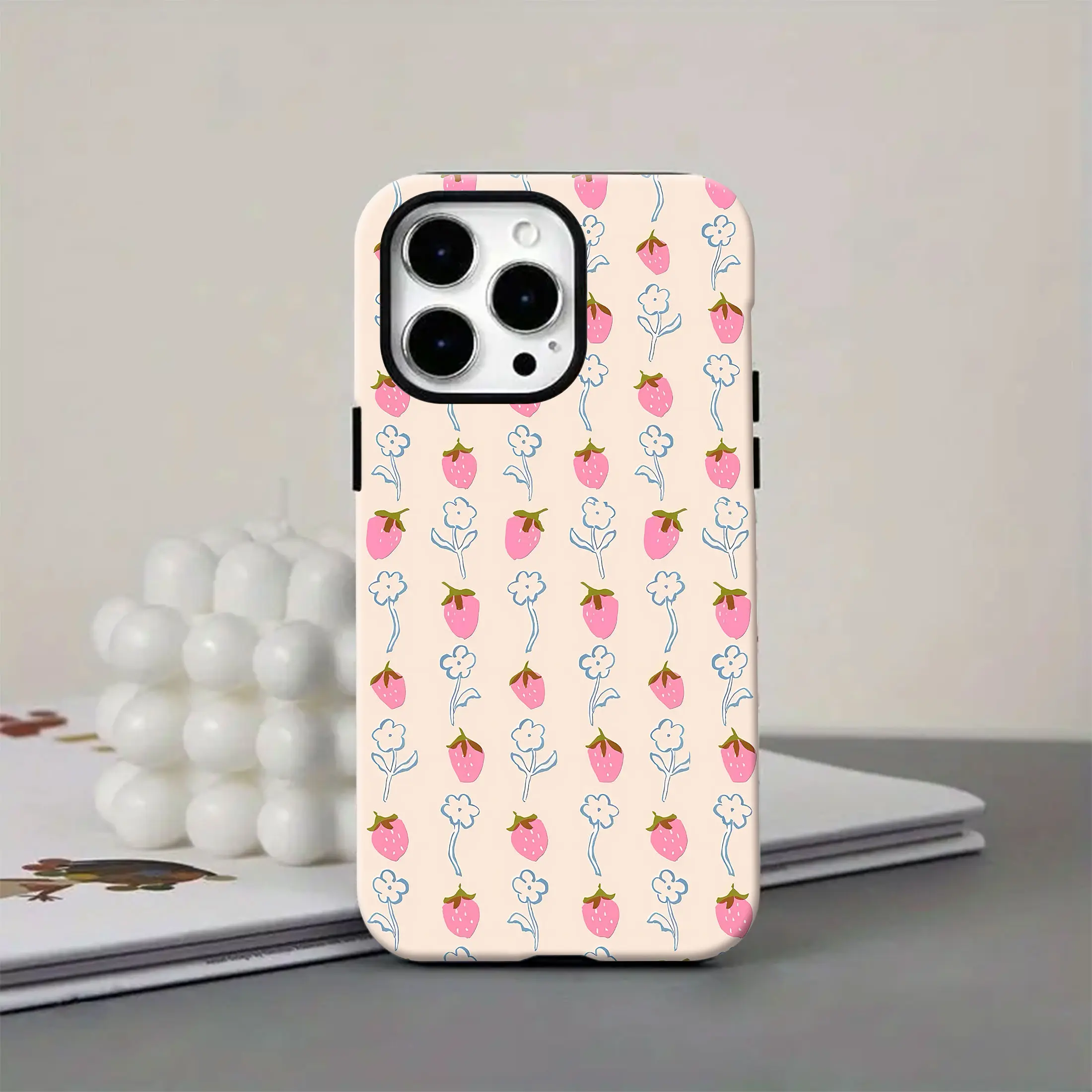 Strawberry Floral Pattern Phone Case — Compatible with Samsung S26/S25/S24/S23/S22/S21, iPhone 17/16/15/14/13/12/11 phone cases. Perfect for protecting your device in style!