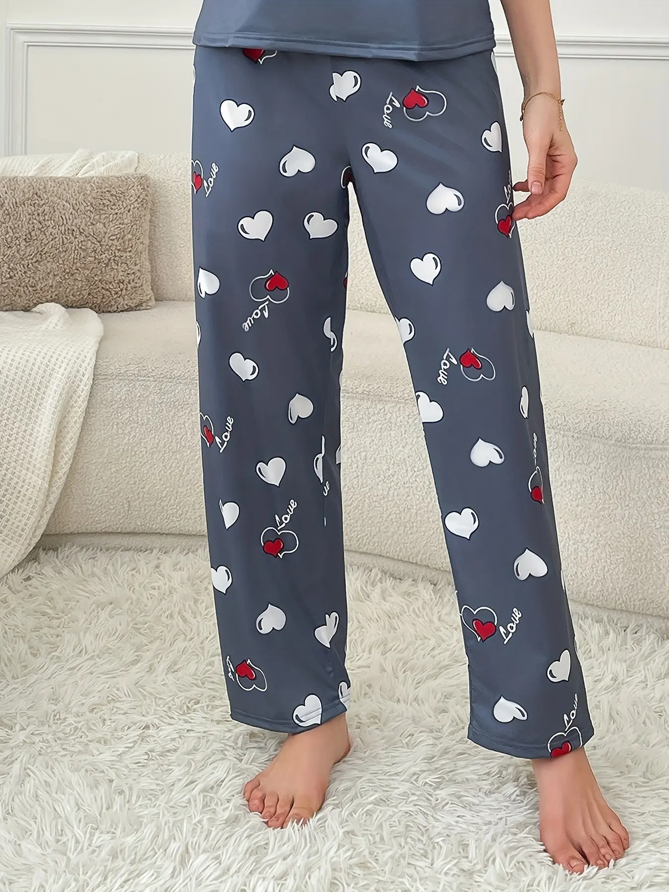 Unisex Dark Gray Love Heart Print Wide Leg Elastic Waist Loose Pants Wearable For Home Relaxation Outdoor Walking Shopping Travel Soft Daily Casual Sleep Loungewear Trousers