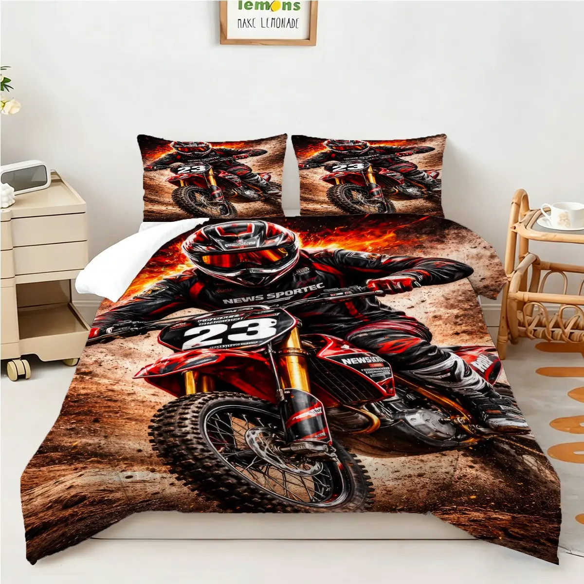 Motocross Dirt Bike Racing Pattern Comforter Set, Polyester Bed Set, 2/3Pcs Extreme Sports Bedding Set, Soft Quilted Quilt, Thrilling Racing Sport Aesthetic Bedroom Decor, Gift for Motocross Fans. 1 or 2 Pillowcase, No Filling