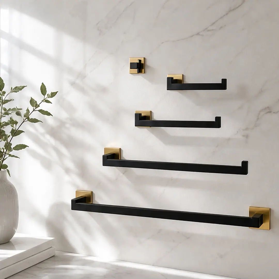 ARCH 5-Piece Wall-Mounted Stainless Steel Bathroom Hardware Set - Wall Mount Towel Bar, Toilet Paper Holder, Robe Hook, Corrosion Res., Rust-Resist Modern Fixtures for Tile/Drywall Org (Brushed Gold, Brushed Nickel, Chrome, Gold+Matte Black, Matte Black)