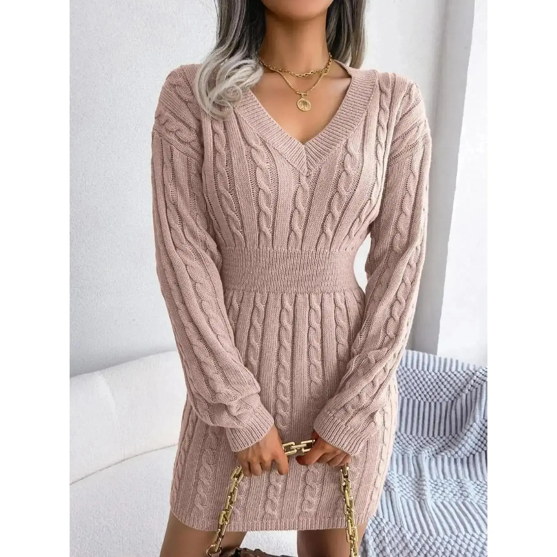 Women's Cable Knit Fitted Sweater Dress With V Neck, Casual Drop Shoulder Style for Fall & Winter Fashion, Modern, Warm, Versatile, Comfortable, Soft, Elegant, Durable, Flowy, Chic..