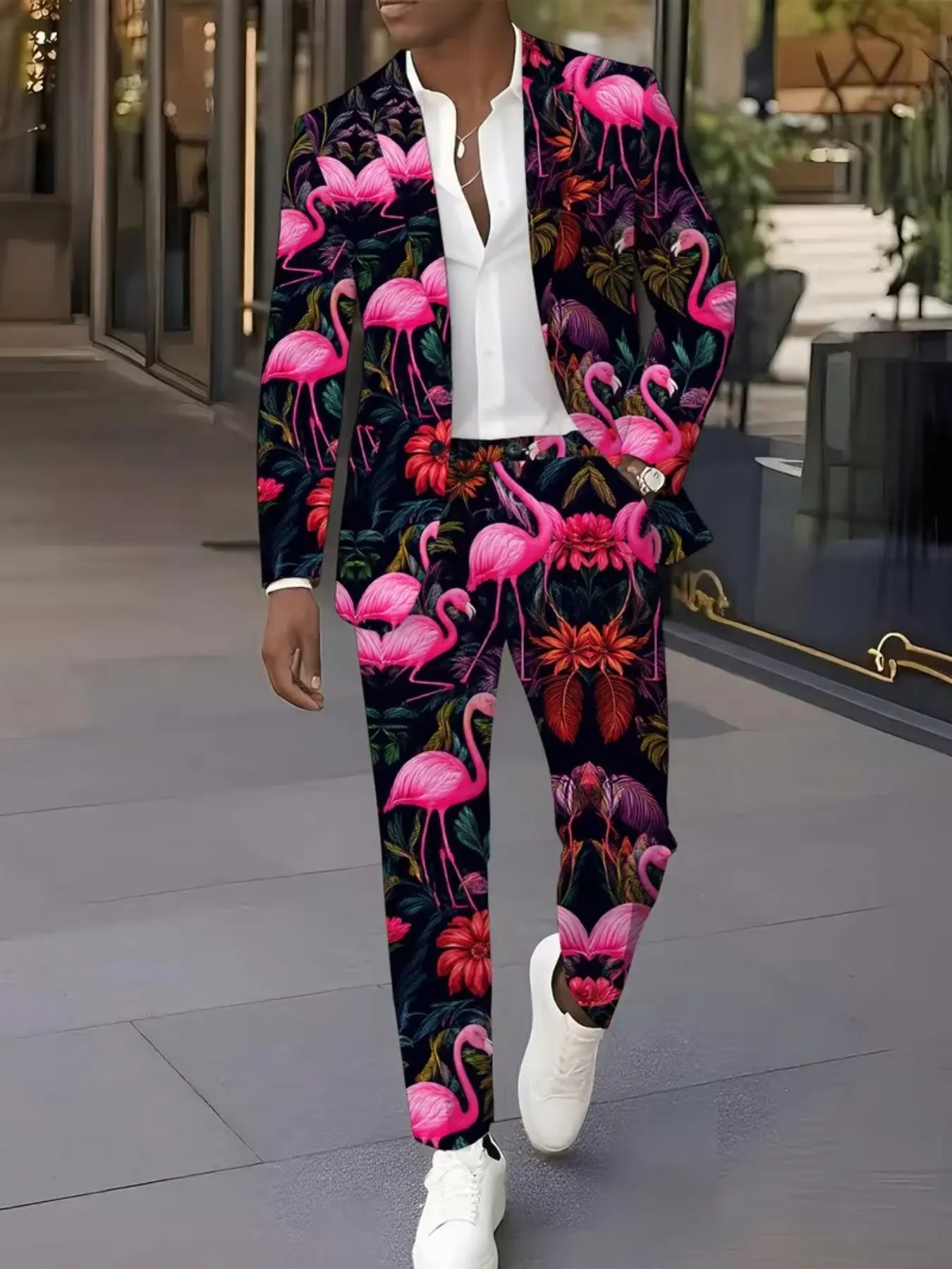 Island Vacation Print Blazer Set, Base with Tropical Plants and Flamingos, Long Sleeve Slim Fit, Casual Fall & Winter