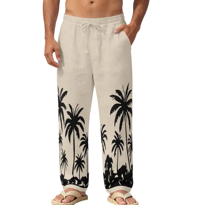 Men’s Palm Tree Graphic Linen Blend Pants, Casual Drawstring Trousers with Elastic Waist, Lightweight Relaxed Fit Beach Vacation Pants, Tropical Print Streetwear Bottoms for Fall Daily Wear, Travel, Resort and Outdoor Activities