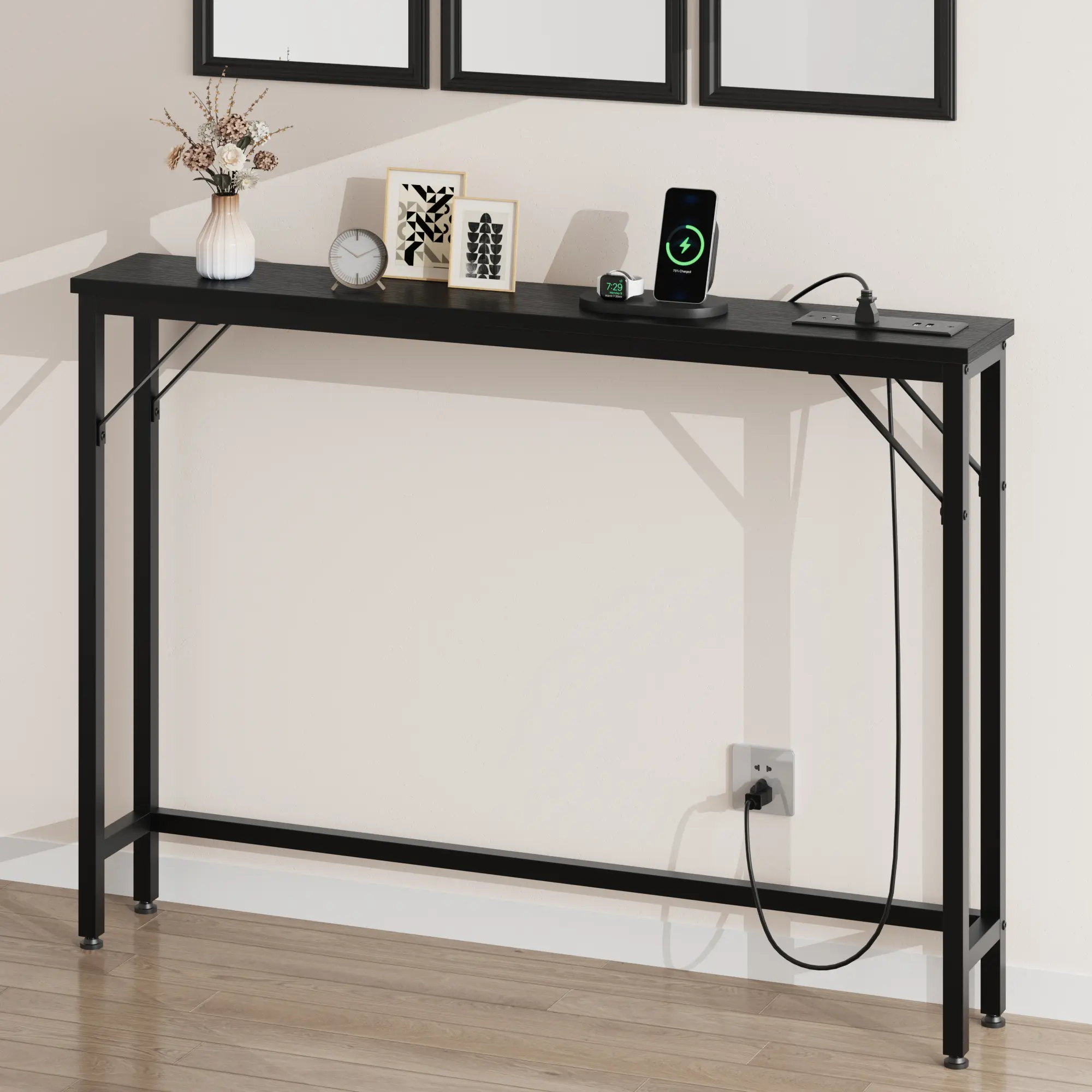 39.4" Skinny Console Table with Charging Station – Narrow Behind Couch Table with 2 Outlets & 2 USB Ports, Slim Entryway Table for Small Spaces & Living Room