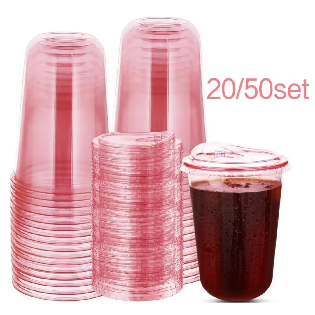 20/50 Pack 16oz Clear Plastic Cups with Straw Lid, Disposable Round Bottom Ice Coffee Cups, Transparent Travel Drinkware for Cold Drinks, Valentine's Day Party Supplies