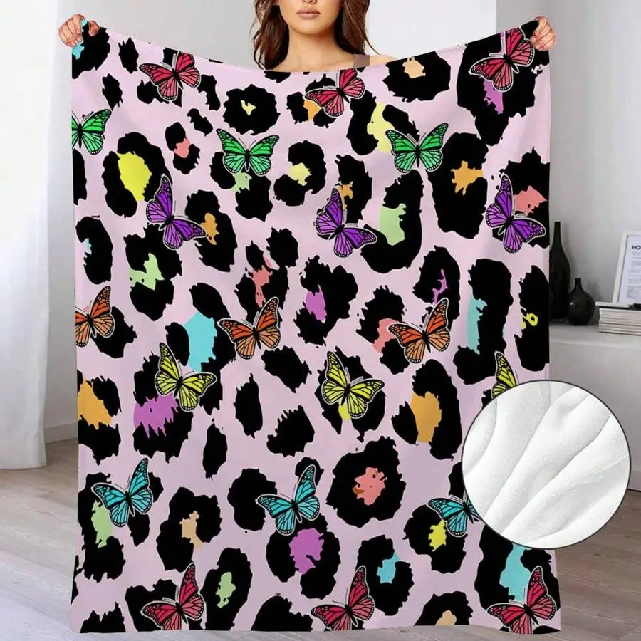 Pink Leopard Colorful Butterfly Cartoon Pattern Cozy Throw Blanket Soft Lightweight  Blanket Throw Ultra Soft  Soft Fluffy Blanket Ideal Home Decor Perfect Giftable Decorative Blanket Warm Nap Multifunctional Office Travel Season Cozy