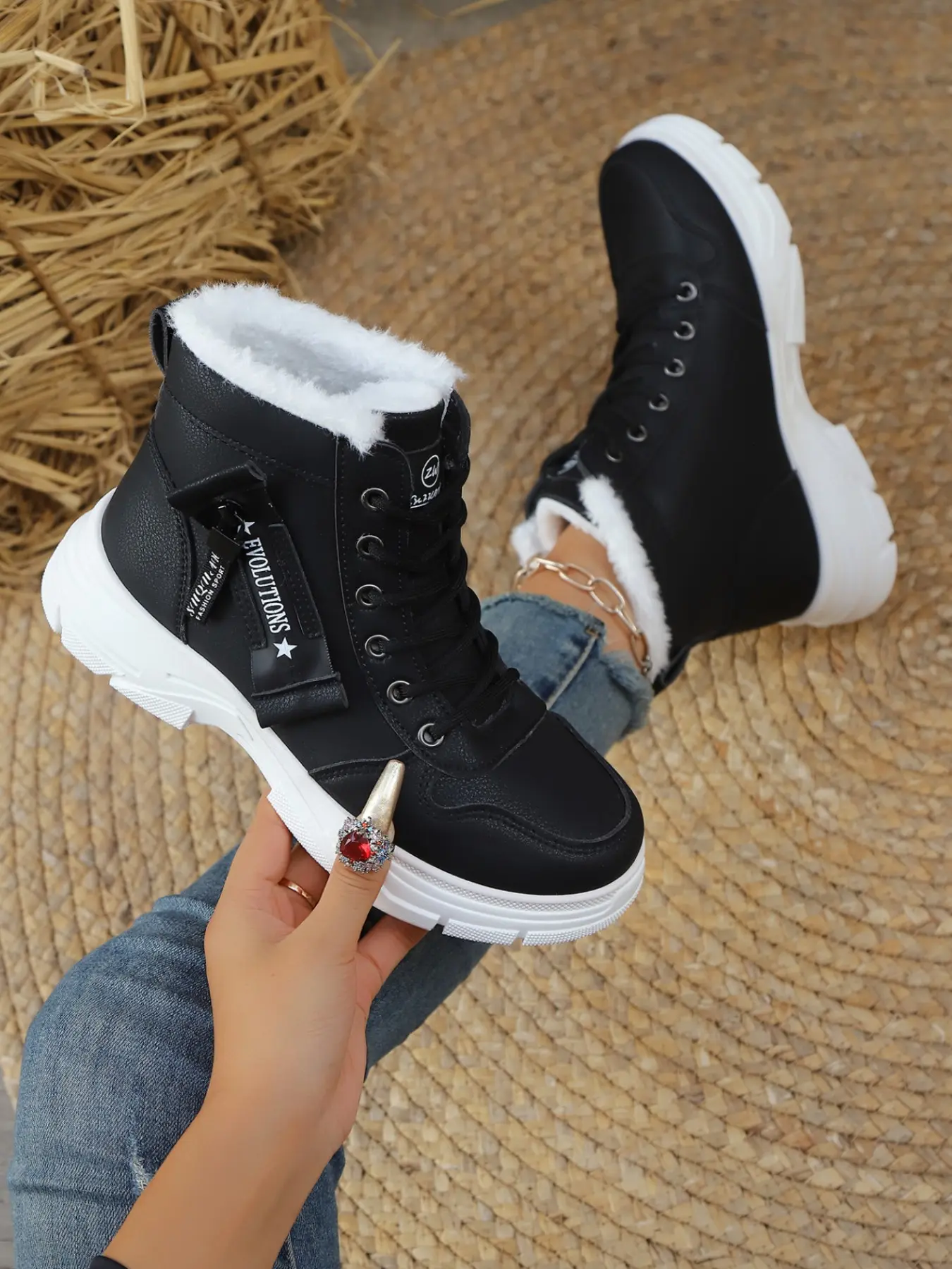 Women's High Top Snow Boots, Street Style, Fashionable Boots, Fleece Lined, Thick Sole, Anti-Slip, Lace-Up, Letter Decoration, Fall Winter Outdoor Casual Shoes