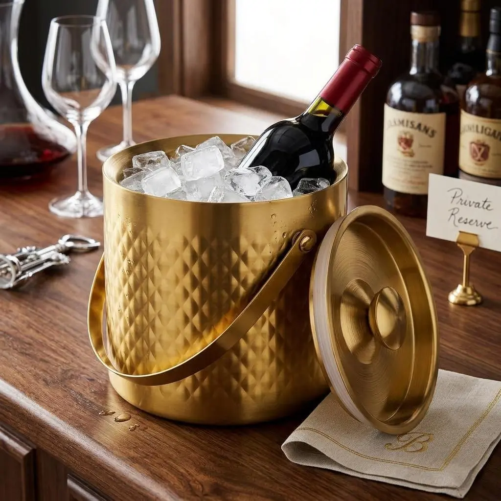 3L Gold Diamond Hand Hammered Insulated Stainless Steel Ice Bucket with Lid & Scoop, Double Wall Cold Retention Cooler Tub with Portable Handle, Food Safe Bar Accessory for Champagne Parties Home Holiday Gift