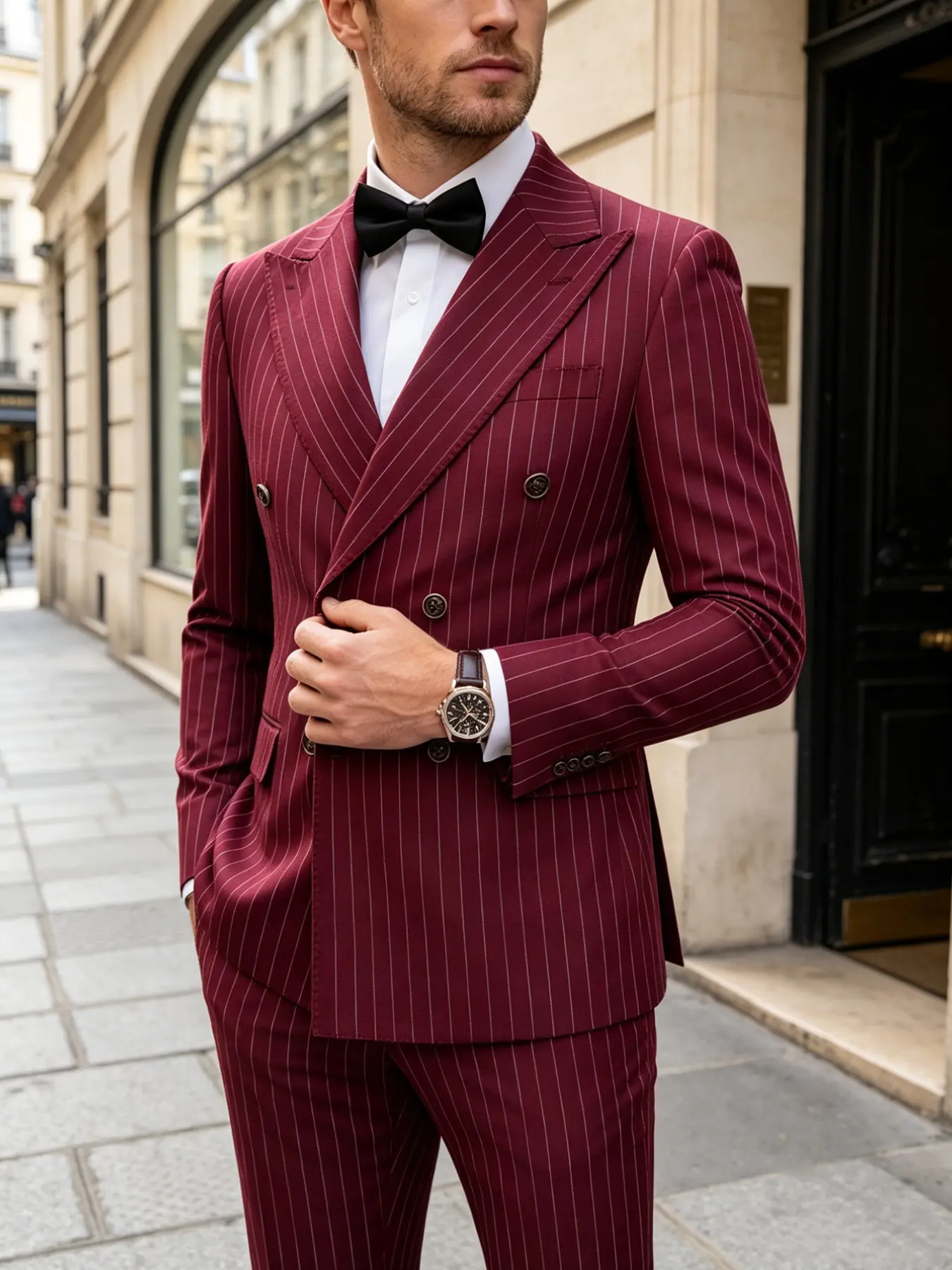 Men's Double Breasted Suit Jacket & Pants Set, Slim Fit 2 Pieces Striped Pinstripe Suit Shawl Lapel Tuxedo for Wedding & Business, Business Suits Set