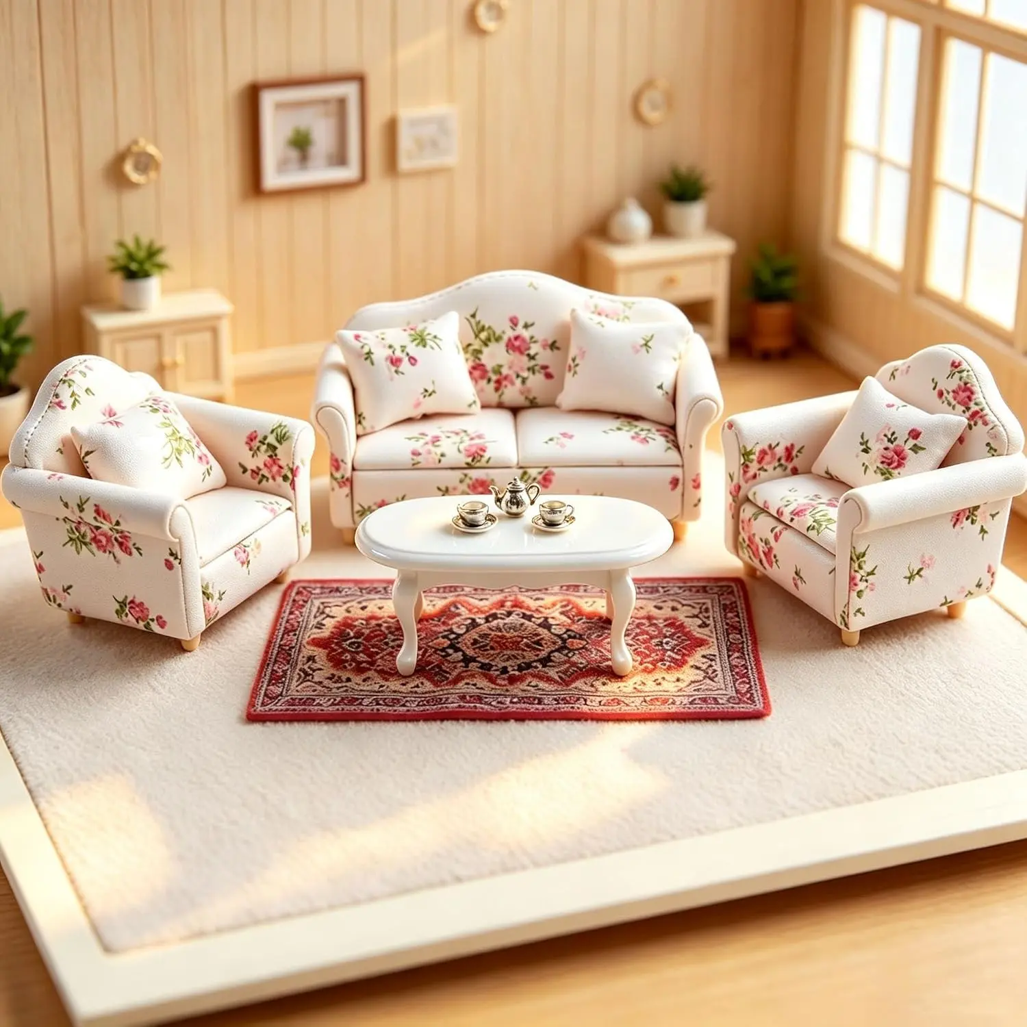 1:12 Dollhouse LivingRoom Furniture, 16Pcs Miniature Wooden Sofa Couch Set, Flowers Sofa with Pillows, Coffee Table, Tea Set, Rug, Miniature Accessories and Furniture for Miniature Collecting Enthusiast