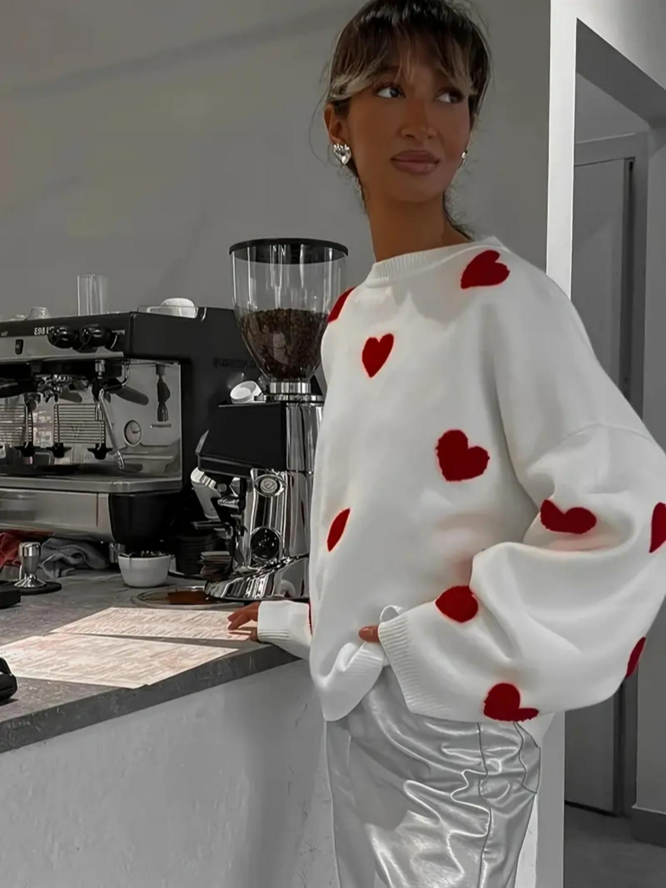 Women's Loose Fit Heart Pattern Drop Shoulder Sweater, Casual Long Sleeve Round Neck Knit Top for Spring & Fall, Fashion Ladies' Knitwear for Daily Wear, Womenswear