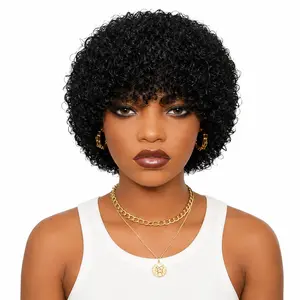 100% Human Hair Short Curly Afro Bob Wig with Bangs, 4 Inch 100g Natural Black Tight Curly Wig for Women, Soft Glueless Daily Wear Wig