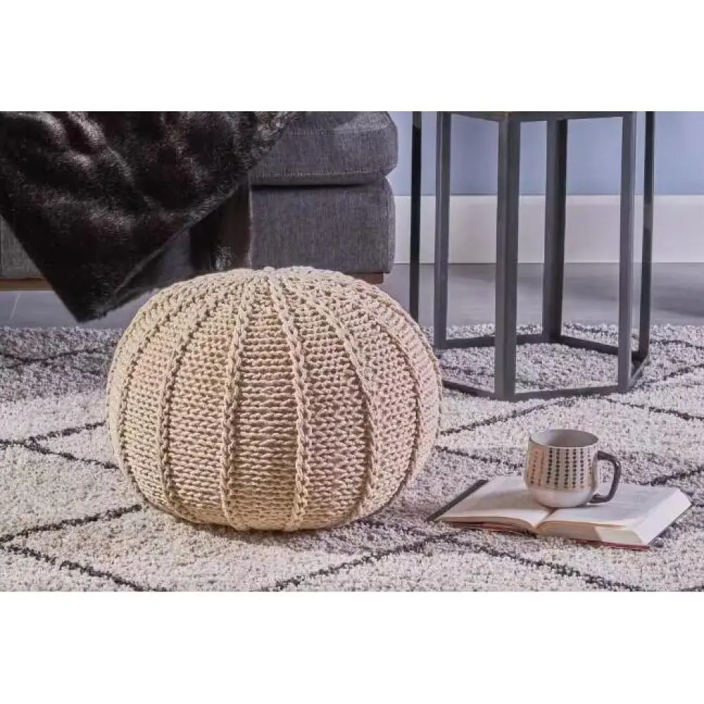 Knitted Pouf Ottoman, Handwoven Knit Foot Stool, Round Floor Pouf Seat, Soft Footrest Ottoman for Living Room, Bedroom, Nursery, Dorm, Cozy Home Decor, Lightweight Portable Accent Stool, Extra Seating, Modern Boho Knit Ottoman, Cotton Pouf, Floor Cushion,