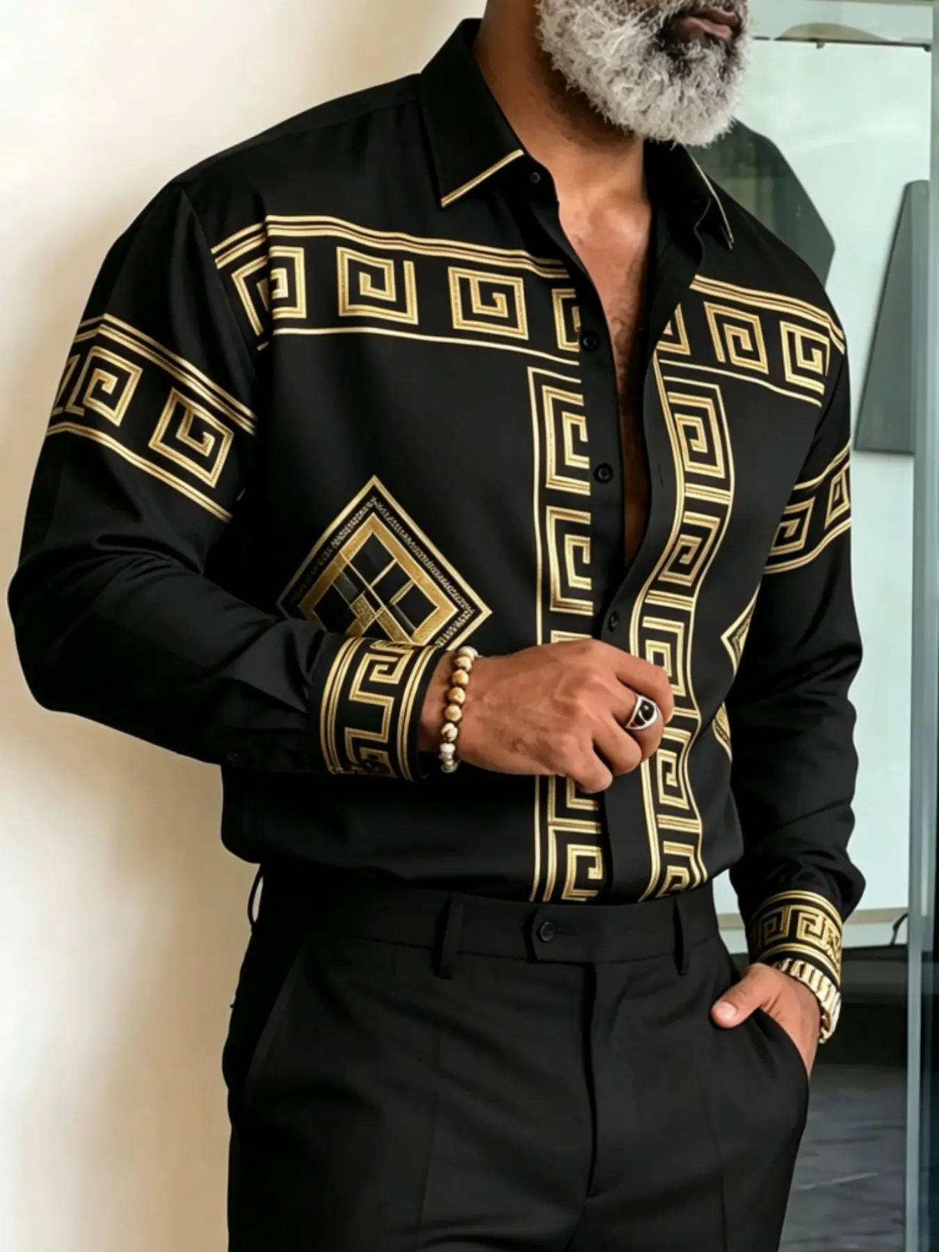 Ethnic Baroque Men's Long Sleeve Shirt, Retro Style Slim-Fitting Top, Full Placket Design, All Seasons Unlined Clothing