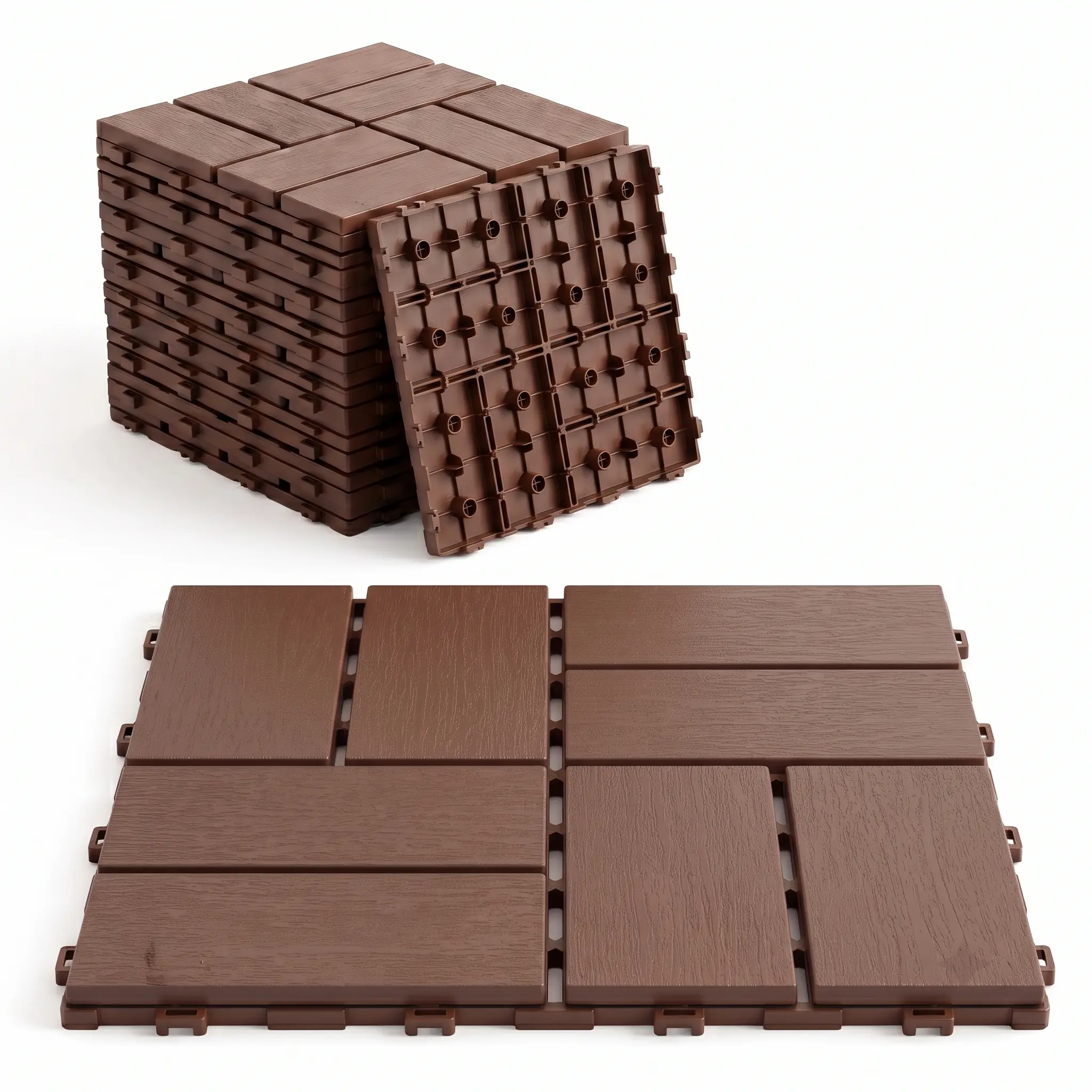 Nokaa 44-Pack 12x12 Inch Square Plastic Interlocking Deck Tiles, Waterproof Non-Slip Snap-Together Outdoor Flooring, All-Weather Drainable for Poolside, Porch, Backyard, Antique Brown