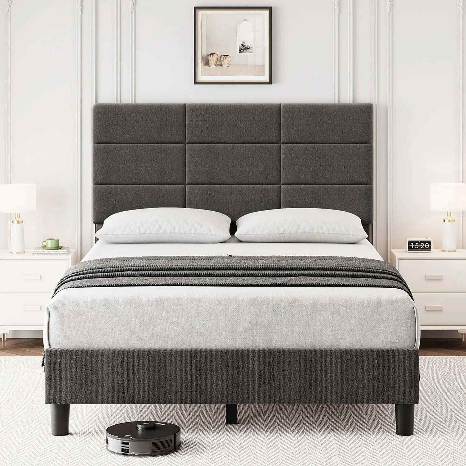 GARVEEModern Twin Size Bed Frame with Linen Upholstery and Adjustable Height Headboard, Featuring Sturdy Wooden Slats Support, Noise-Free Design, No Box Spring Needed, Easy Assembly in Light Grey