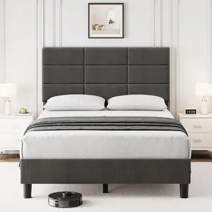 GARVEEModern Twin Size Bed Frame with Linen Upholstery and Adjustable Height Headboard, Featuring Sturdy Wooden Slats Support, Noise-Free Design, No Box Spring Needed, Easy Assembly in Light Grey