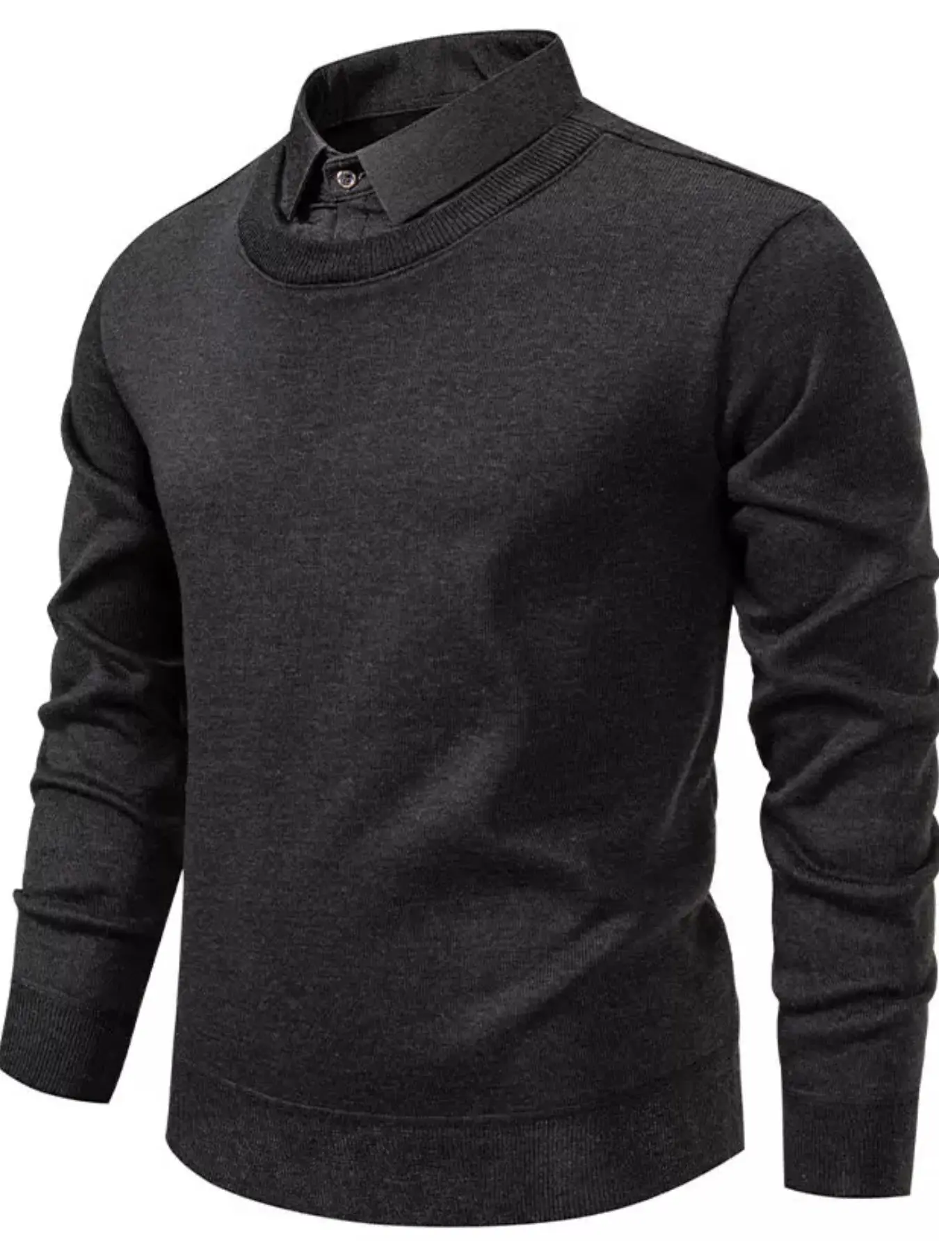 Men's Fake Two-Piece Shirt Collar Knitwear, Fall Winter Casual Versatile Solid Color Slim Fit Long Sleeve Base Layer Sweater Plain Sweater Pullover
