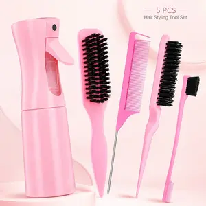 5Pcs Hair Styling Tool Set, Heatless Styling Tools for Women, Fine Mist Spray Bottle, Styling Brush, Rat Tail Comb, Teasing Brush & Edge Brush Comb, Detangling Parting Edge Control Hair Tools for Wigs Curly Straight Hair