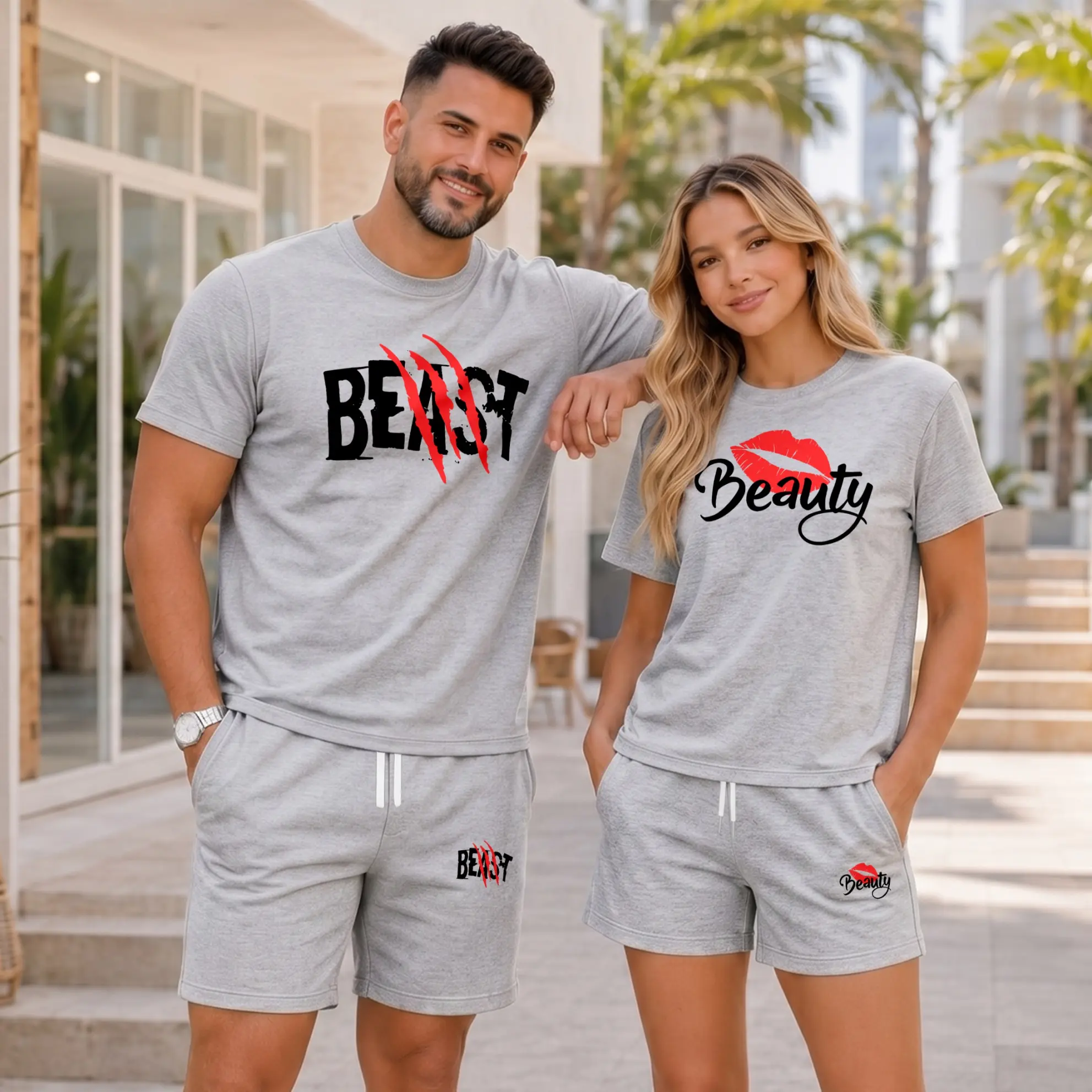 Matching Couple Beauty and Beast Short Sets, Graphic Tee and Shorts Two Piece Outfit, Soft Casual Summer Matching Set for Couples, Vacation, Streetwear, Weekend, Daily Style