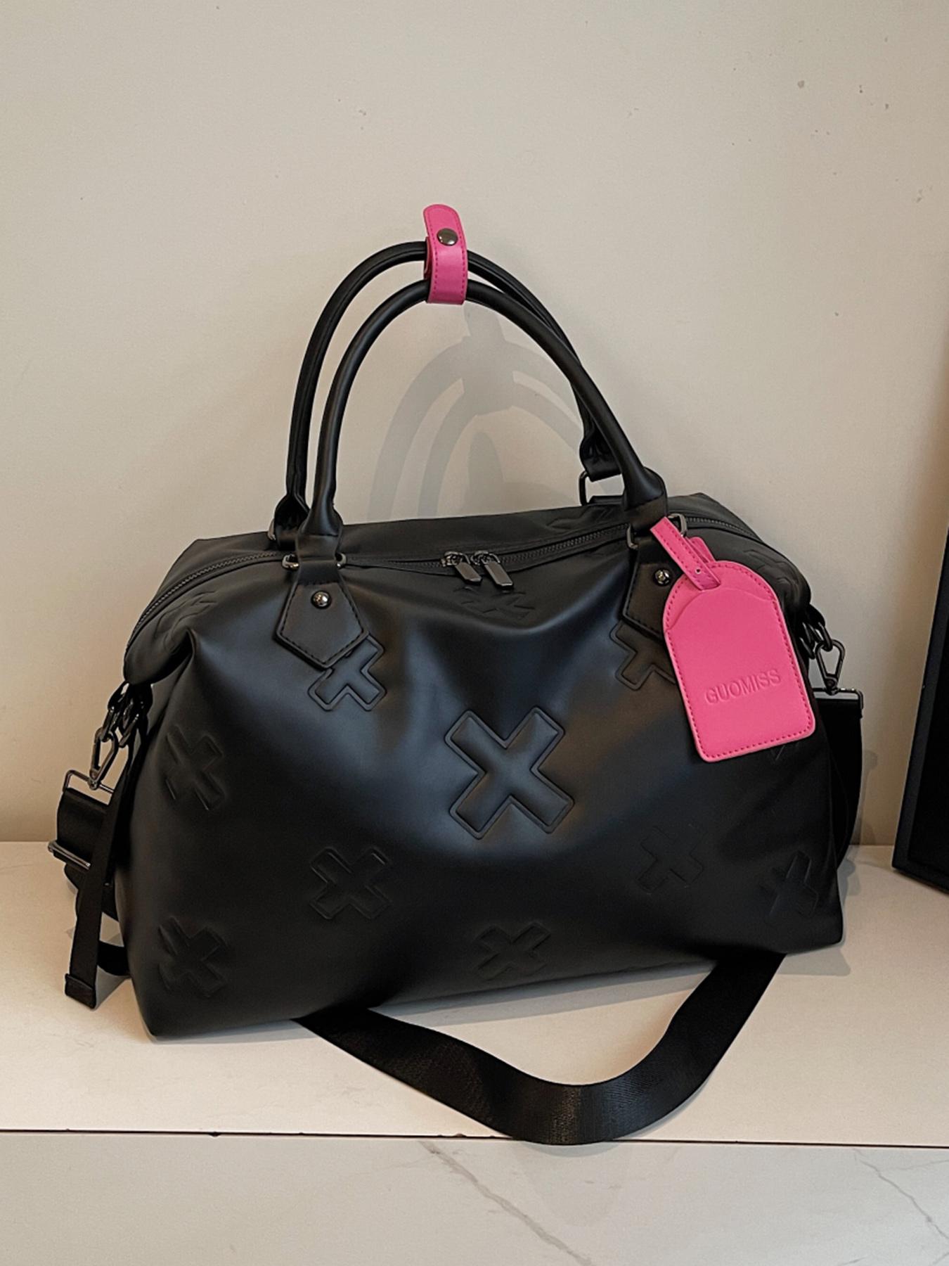 Cross Embossed Handbag, Contrasting Color Design, Portable Single-shoulder Commuting Large-capacity Boston Bag, Single-shoulder Crossbody Multi-purpose Commuter Bag, Suitable for Short-distance Travel, Sports and Fitness, Elegant Embossed Bag