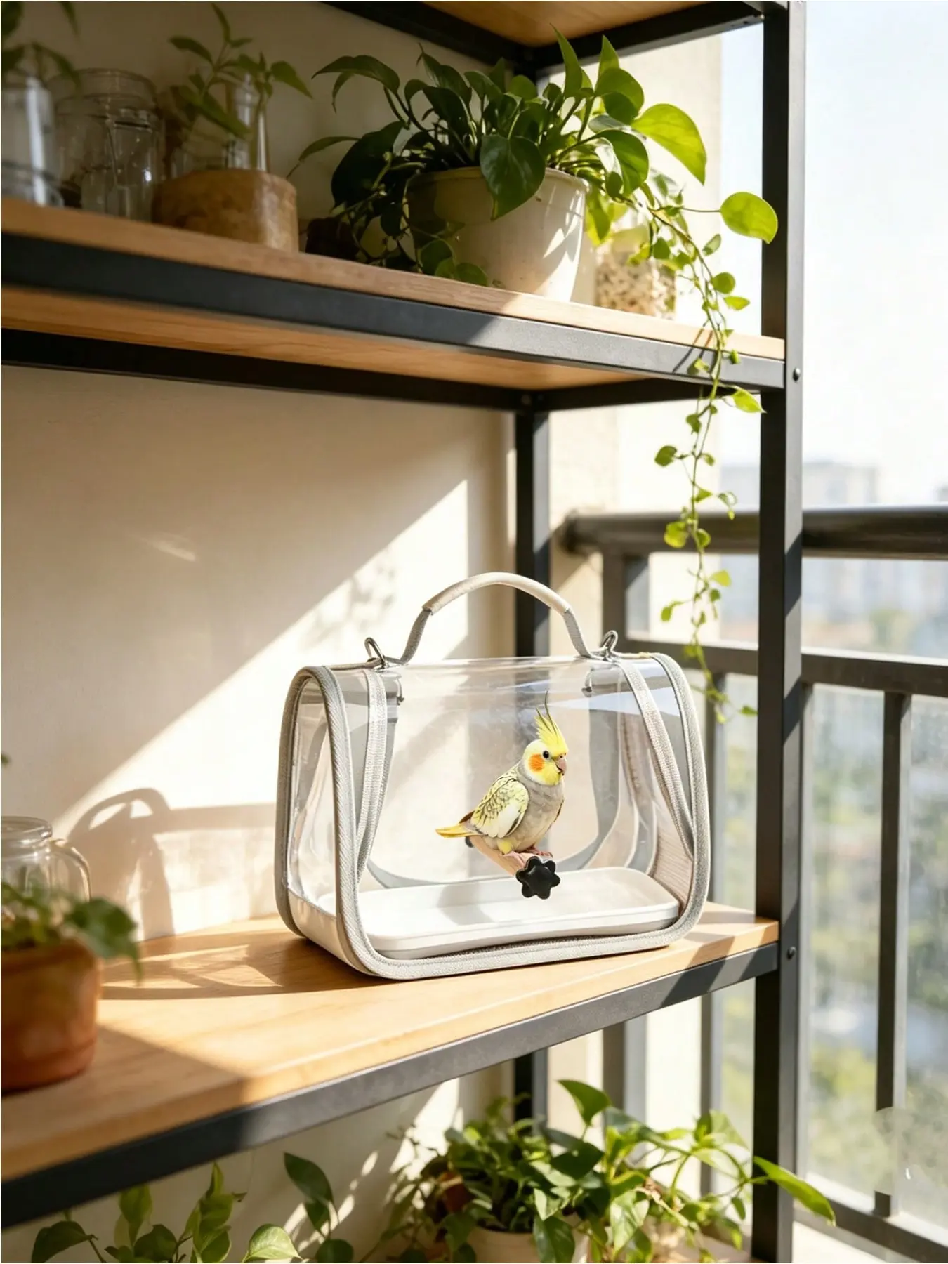 Clear Visible Parrot Travel Carrier Bag with Wooden Perch & Washable Tray, Breathable Zipper Bird Carrier Handbag Crossbody Cage for Outdoor Walking Vet Visit Short Trip, Large Transparent Window for Bird Viewing