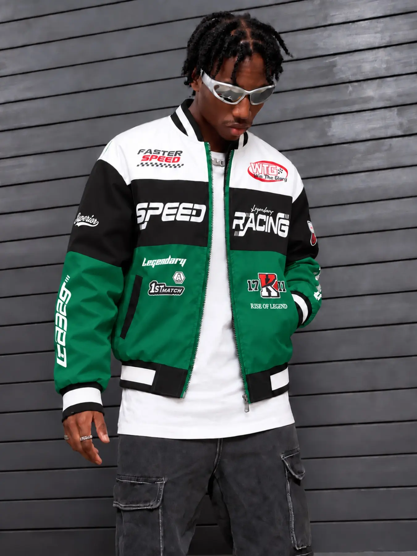 Men's Colorblock Racing Theme Baseball Jacket, Windproof Fabric, Casual Long Sleeve, Side Pocket, Unisex, All Seasons, Fashionable Coats