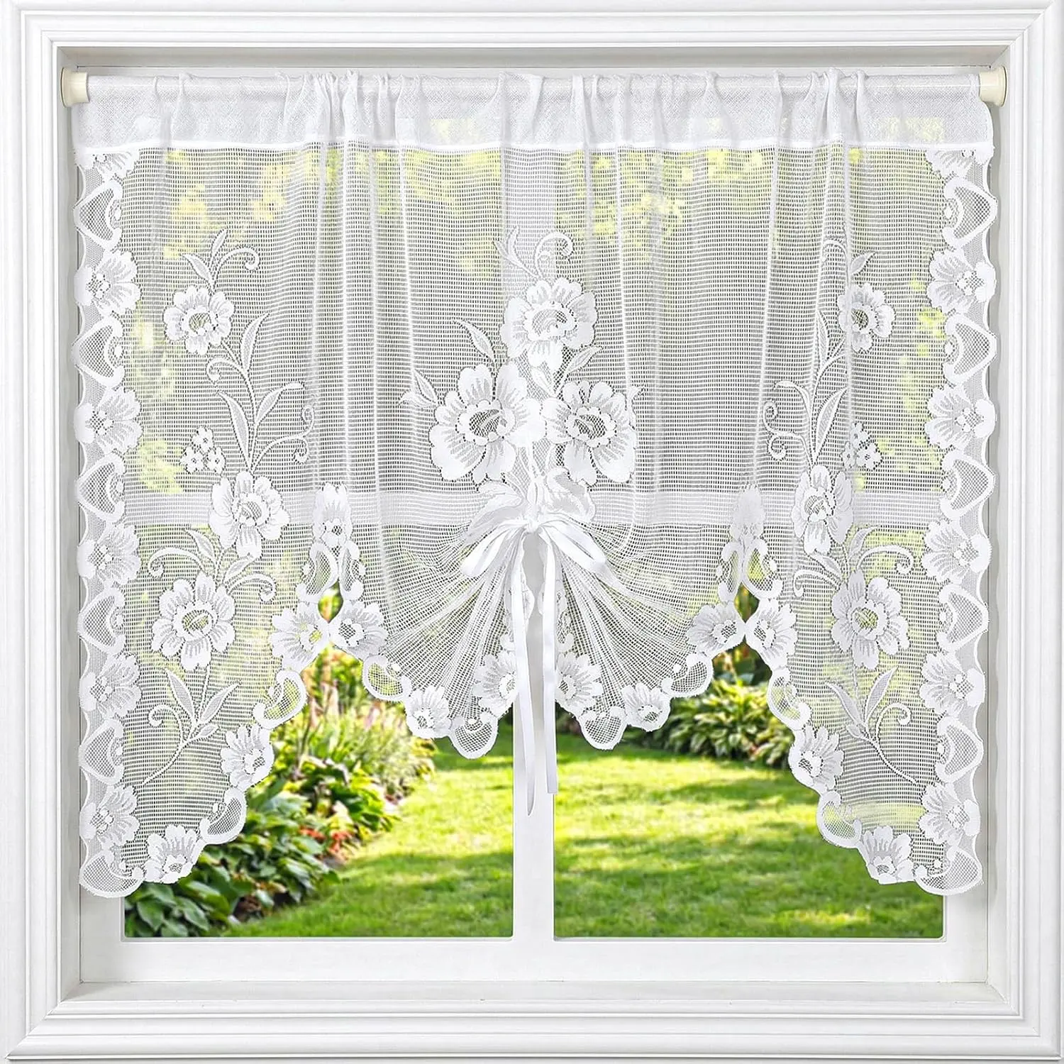 White Floral Lace Half Curtains Swag, Semi-Sheer Lace Valance for Windows Kitchen Bathroom Living Room Basement Decoration Rod Pocket 45.67x13.39in