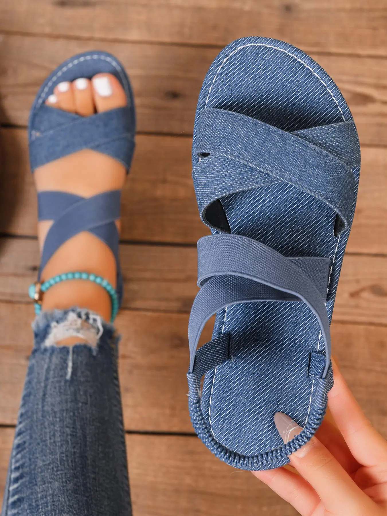 Women's Summer Cross Strap Flat Sandals, Elastic Band, Casual Outdoor Beach Travel, Solid Color, Comfortable and Stylish