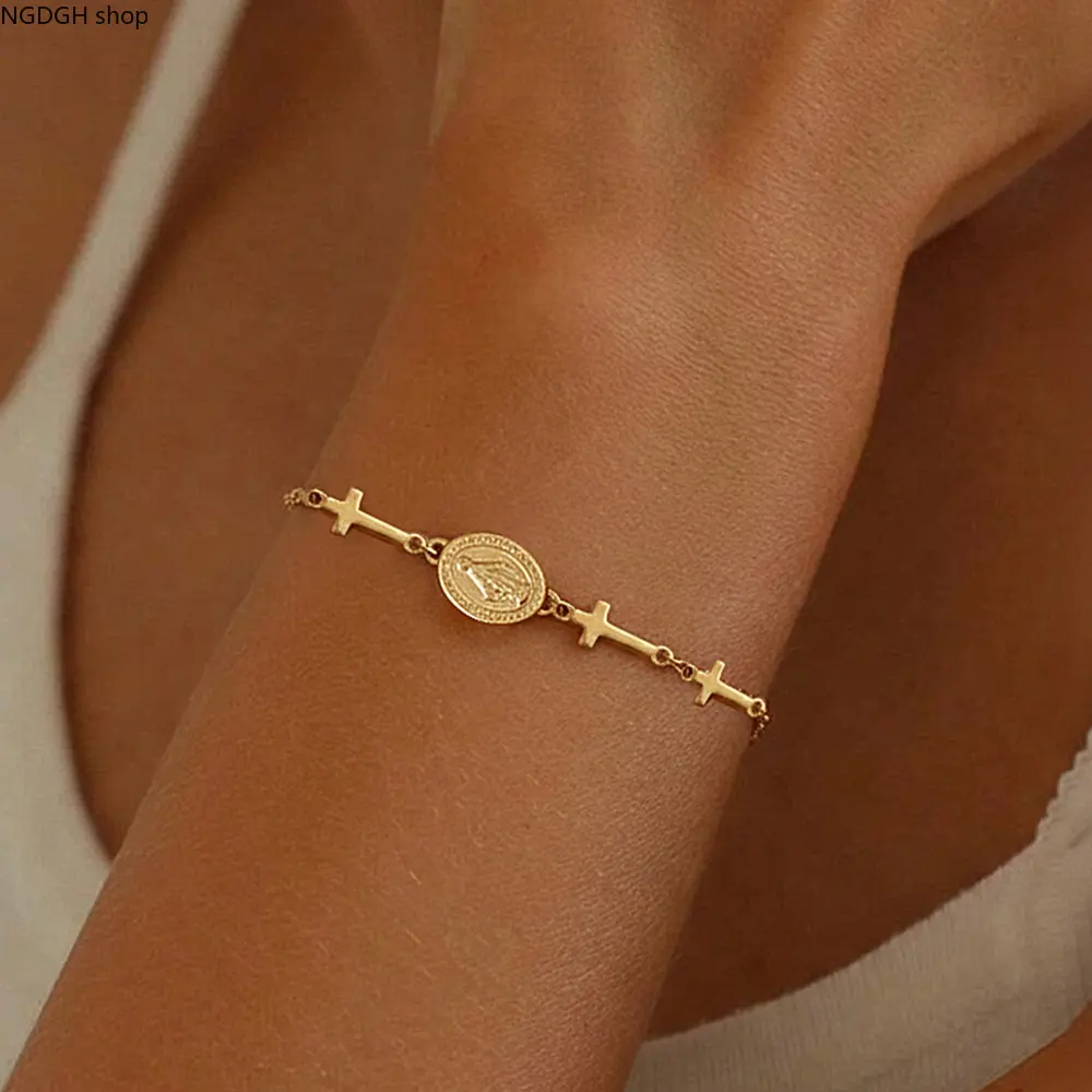 Miraculous Bracelet - Gold Cross Religious Medal Chain Bracelet for Women, Faith Statement Jewelry Elegant Daily Party Gift Fashion Accessory