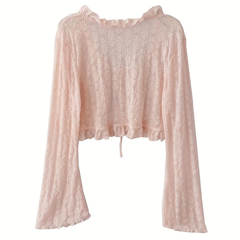 Elegant and Lightweight Lace-up Cardigan-Breathable Chiffon Shawl, Ruffles, Long Sleeves, Sun Protection-Spring/Women's Summer Top, Soft Blue, White, Cream, Pink, Black Fitted Knitwear Womenswear Basic Beige Casual