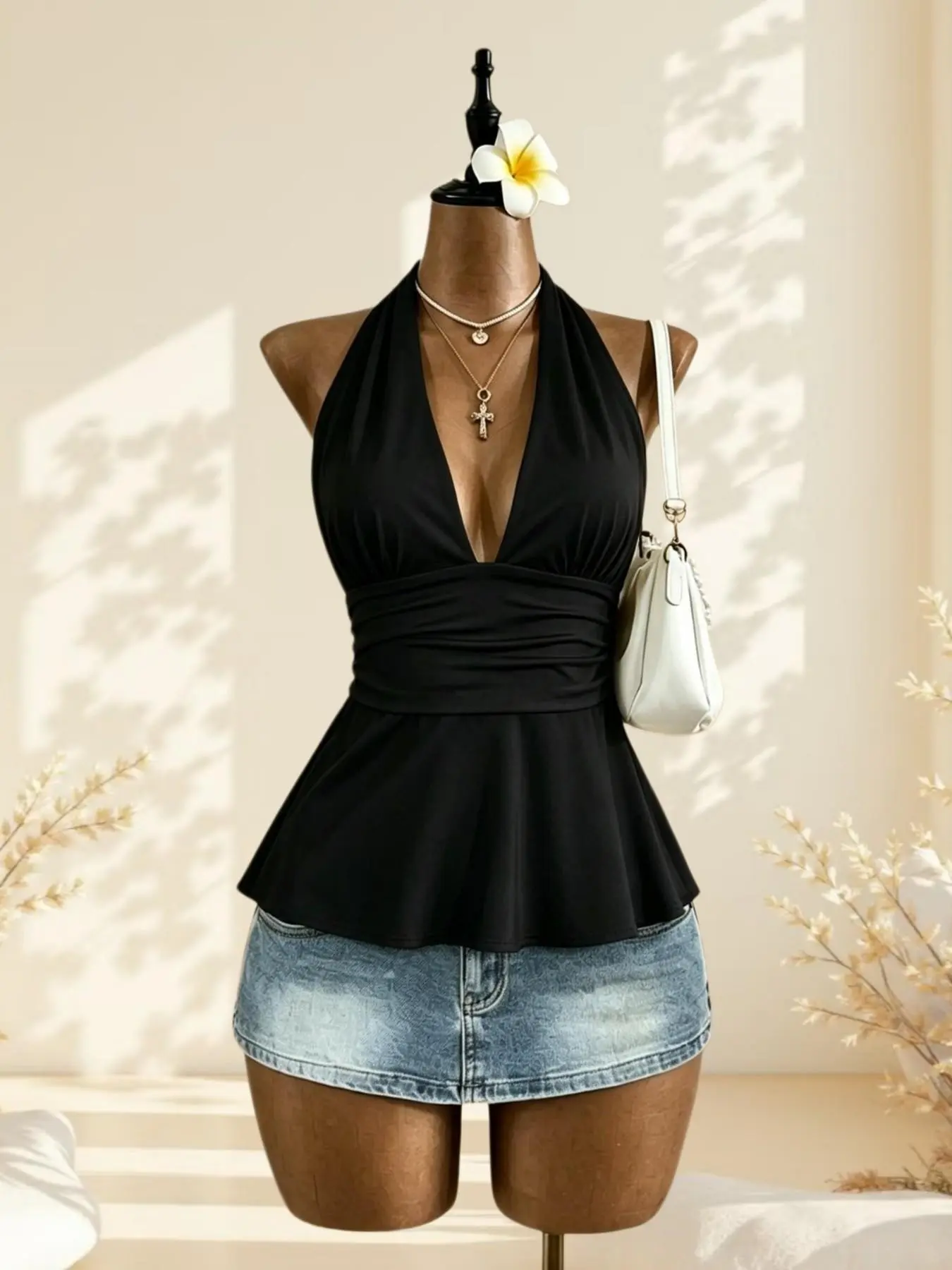 Vintage Polka Dot Halter Top, Deep V Neck Waist Cinched Peplum Hem Top, Soft Feminine Style Sleeveless Top for Daily Wear, Single Piece