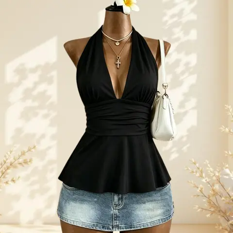 Vintage Polka Dot Halter Top, Deep V Neck Waist Cinched Peplum Hem Top, Soft Style Casual Sleeveless Top for Daily Wear, Single Piece