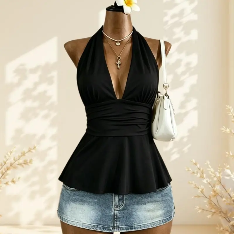 Vintage Polka Dot Halter Top, Deep V Neck Waist Cinched Peplum Hem Top, Soft Style Casual Sleeveless Top for Daily Wear, Single Piece