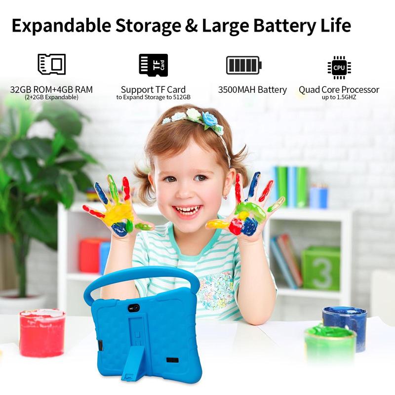 PRITOM K7 7 Inch Android Tablet with Silicone Case, Parental Control Tablet with Dual Camera, Educational Learning Entertainment Tablet with Durable Stand & Handle for Home, School