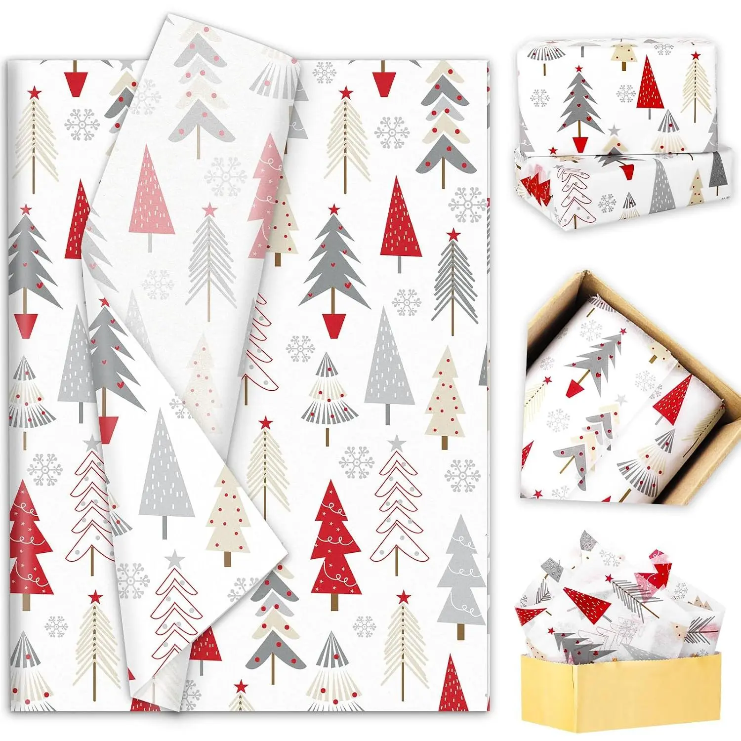 60 Sheets Christmas Tissue Paper  Xmas Tree  Wrapping Paper Red  Forest Decorative Art Paper for Winter  Party DIY Crafts Supplies, 14 x 20 Inch