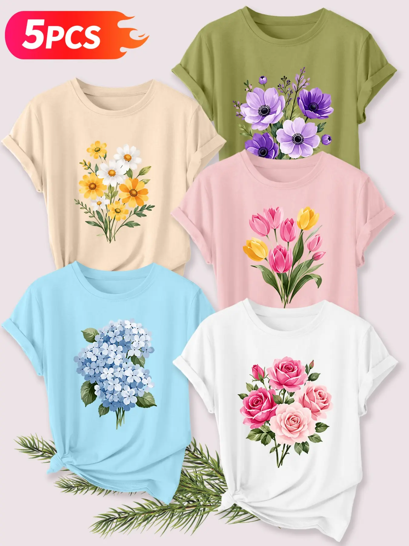 5Pcs Women Crew Neck T-shirt, Daisy Tulip Hydrangea Rose Watercolor Girly Floral Print, Casual Comfy Boho Soft Girly Spring Summer Daily Top