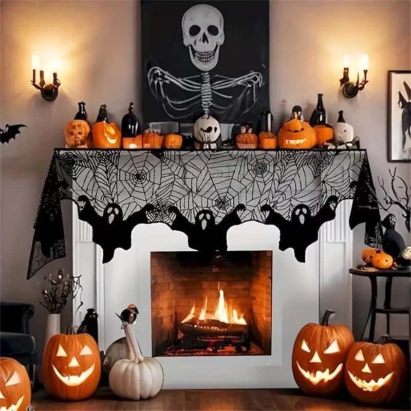 New Halloween Lace Ghost Spider Web Fireplace Scarf, Festival Party Fireplace Mantel Decor Table Runner, Horror Atmosphere Scene Setup Table Cover