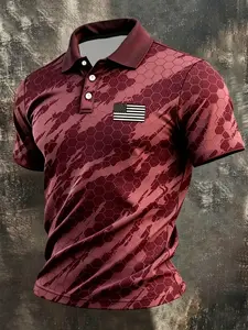 Summer Outdoor Tactical Wine Hexagonal Honeycomb Snake Pattern Graduated Camo Polo Shirt, Quick-Dry Short Sleeve, Men's Fitted Casual Top