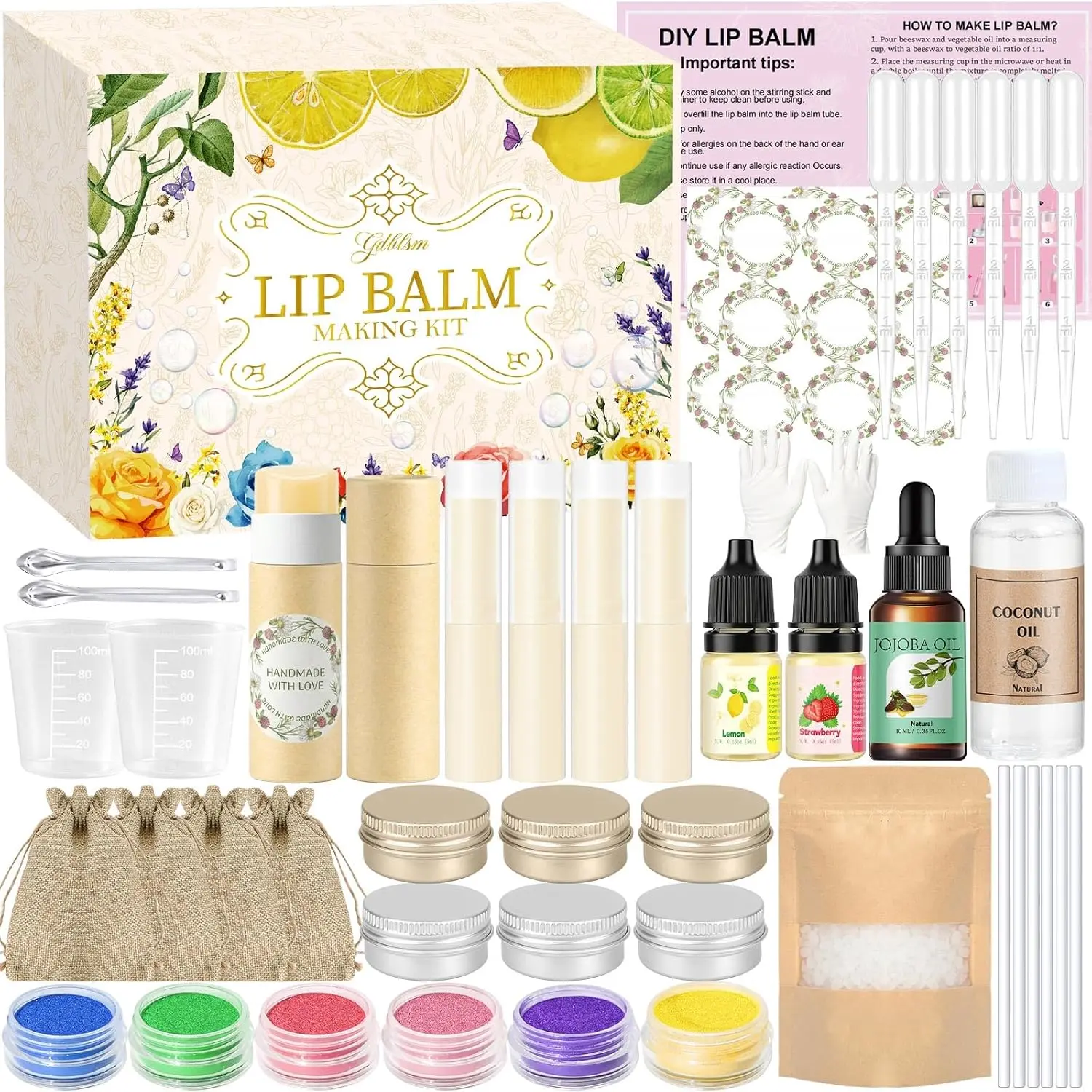 Lip Balm Making Kit- DIY Lip Balm Kit for Women, Make Your Own Moisturizing Lip Balms Craft Kits with Coconut Oil, Beeswax, Jojoba oil, Lip Gloss Set Lip Care Christmas Gift for Girls & Women