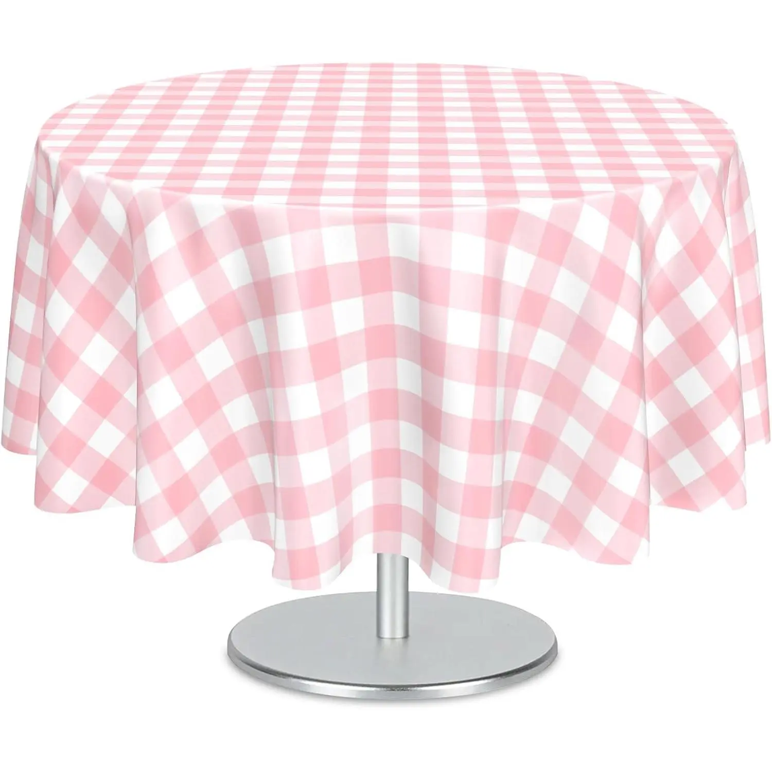 2 Pcs 84 Inches Pink Gingham Round Tablecloth, Disposable Plastic Pink and White Checkered Circle Table Covers for Baby Shower, Wedding, Bridal Shower, Birthday Party Decorations
