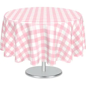 2 Pcs 84 Inches Pink Gingham Round Tablecloth, Disposable Plastic Pink and White Checkered Circle Table Covers for Baby Shower, Wedding, Bridal Shower, Birthday Party Decorations